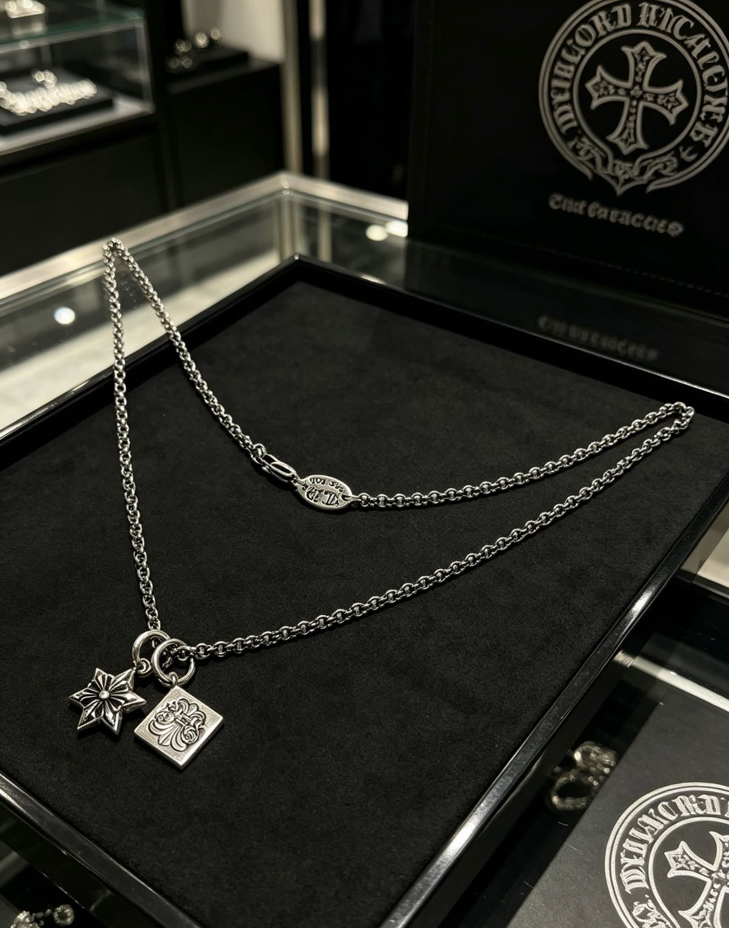 Chrome Hearts Silver Star and Square Charm Necklace